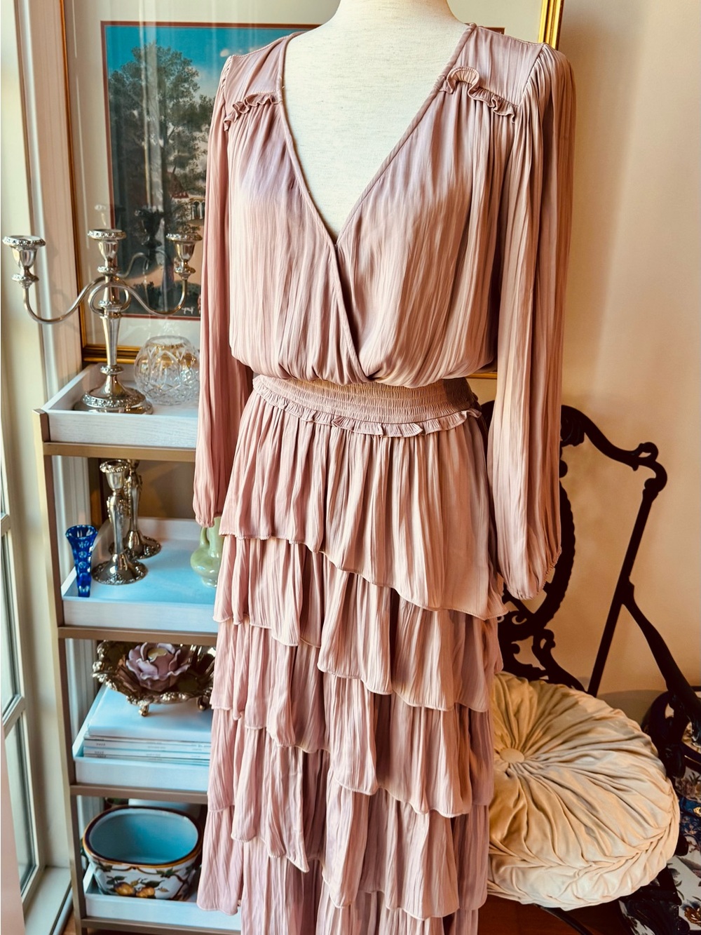 Socialite Blush Tiered Long Sleeve Maxi Dress